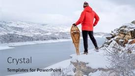  Presentation with mountain lake - Beautiful PPT layouts featuring man-with-classic-huron-snowshoes backdrop and a light blue colored foreground