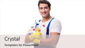  Presentation with cleaning agents - Colorful slides enhanced with man with cleaning agents isolated backdrop and a lemonade colored foreground