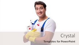  Presentation with cleaning agents - Theme consisting of man with cleaning agents isolated on white background background and a lemonade colored foreground