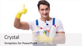  Presentation with cleaning agents - Audience pleasing theme consisting of man with cleaning agents isolated backdrop and a white colored foreground