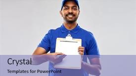  Presentation with concept illustration of customer service - Presentation with man with clipboard in blue background and a  colored foreground