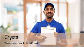  Presentation with mail - Audience pleasing slide deck consisting of man with clipboard in blue backdrop and a lemonade colored foreground