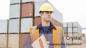  Presentation with shipping - Beautiful theme featuring man with clipboard in shipping backdrop and a coral colored foreground