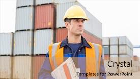  Presentation with shipping - Presentation theme consisting of man with clipboard in shipping background and a coral colored foreground