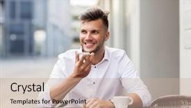  Presentation with young business people - Presentation theme having man with coffee using voice background and a soft green colored foreground