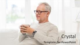  Presentation with old age - Slide deck featuring man with cup of tea background and a soft green colored foreground