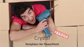  Presentation with drill - Slide deck having man-with-drill-amongst-boxes background and a  colored foreground