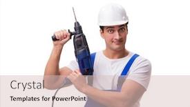  Presentation with drill - Amazing PPT theme having man with drill isolated on the white backdrop and a soft green colored foreground