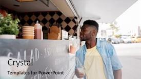  Presentation with people street - Slide set featuring man with drink at food background and a  colored foreground