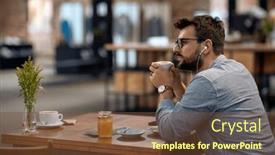  Presentation with cafeteria - PPT layouts consisting of man-with-earphones-enjoying-cup background and a tawny brown colored foreground