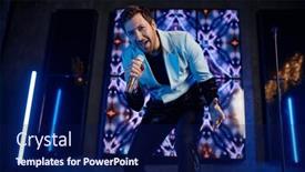  Presentation with stage - Slide deck with man-with-enthusiastic-face-holding background and a navy blue colored foreground