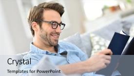  Presentation with child girl reading a book - Amazing slide deck having man with eyeglasses reading book backdrop and a light blue colored foreground