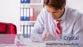  Presentation with first aid kit - Audience pleasing PPT layouts consisting of man with first aid kit backdrop and a light blue colored foreground