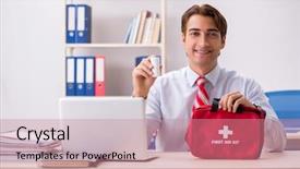 Presentation with first aid kit - PPT theme having man with first aid kit background and a coral colored foreground