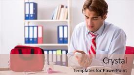  Presentation with first aid kit - Slide deck featuring man with first aid kit background and a coral colored foreground