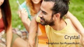  Presentation with travel friends - Beautiful PPT theme featuring man with friends playing guitar backdrop and a yellow colored foreground