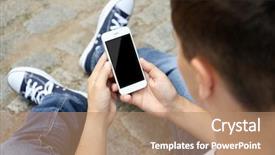  Presentation with gadget - Beautiful PPT theme featuring man with gadget on block backdrop and a coral colored foreground