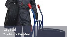  Presentation with tires - Cool new presentation theme with man-with-garage-suit backdrop and a ocean colored foreground