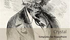  Presentation with journal - Cool new PPT theme with man with glasses old illustration created by marcelin published on l'illustration journal universel paris 1860 backdrop and a coral colored foreground