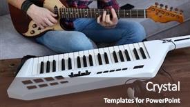  Presentation with music man in suit guitar - Slides featuring man with guitar and synthesizer background and a tawny brown colored foreground