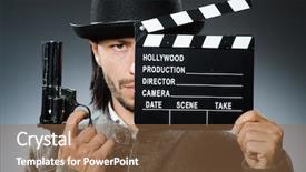  Presentation with clapboard - Colorful PPT theme enhanced with man with gun and movie backdrop and a coral colored foreground