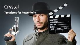  Presentation with clapboard - Beautiful presentation theme featuring man with gun and movie backdrop and a  colored foreground