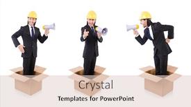 Presentation with box - PPT theme with man-with-hardhat-and-loudspeaker background and a lemonade colored foreground