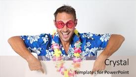  Presentation with hawaiian party - Cool new slides with man with hawaiian shirt backdrop and a coral colored foreground