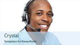  Presentation with call center - Beautiful PPT theme featuring man with headphones call center backdrop and a sky blue colored foreground