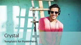  Presentation with old man and his music - Amazing slide deck having man with headphones listening music backdrop and a  colored foreground