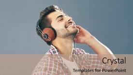  Presentation with music headphones - Amazing slide deck having man with headphones listening music backdrop and a coral colored foreground