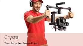  Presentation with headphones - PPT theme enhanced with man-with-headphones-operating background and a red colored foreground