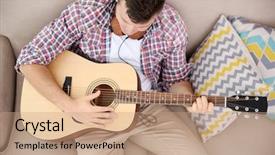  Presentation with music man in suit guitar - Theme with man with headphones playing guitar background and a coral colored foreground