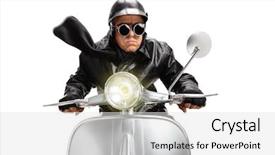  Presentation with motorbike - Colorful presentation theme enhanced with man with helmet riding backdrop and a white colored foreground