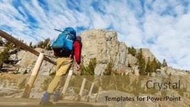  Presentation with hiking - Audience pleasing presentation theme consisting of man-with-hiking-equipment-walking backdrop and a coral colored foreground