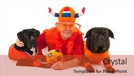  Presentation with sports fans - Cool new PPT layouts with man with his dogs laying with dutch colors and orange sweaters as sports fans isolated over white background backdrop and a red colored foreground