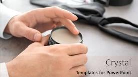  Presentation with clay - Colorful presentation enhanced with man with jar of clay for hair at table closeup backdrop and a coral colored foreground
