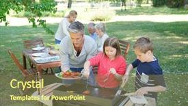  Presentation with cooking kids - Slide set enhanced with man with kids cooking barbecue for the family background and a violet colored foreground