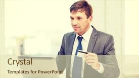  Presentation with online banking - PPT theme featuring man with laptop and credit background and a  colored foreground