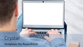  Presentation with home office - Presentation consisting of man-with-laptop-computer background and a teal colored foreground