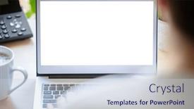  Presentation with laptop blank screen - Theme featuring man-with-laptop-computer background and a sky blue colored foreground