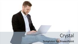  Presentation with laptop computers around the world backgroun - Cool new PPT layouts with software shop - handsome young man with laptop backdrop and a light blue colored foreground