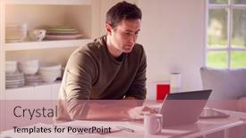  Presentation with kitchen - Colorful PPT theme enhanced with man-with-laptop-working backdrop and a coral colored foreground