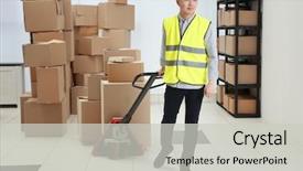  Presentation with warehouse cartoon - Cool new slides with man with loader at warehouse backdrop and a light gray colored foreground