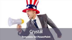  Presentation with american colleges - Amazing PPT theme having man with loudspeaker and american hat backdrop and a gray colored foreground
