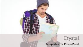  Presentation with luggage - Presentation theme consisting of man with luggage looking in map while standing against white background background and a light gray colored foreground