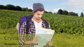  Presentation with luggage - Slide deck featuring man with luggage looking in map against landscape of a field background and a gold colored foreground