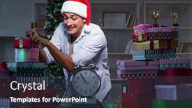  Presentation with gifts - Slide deck featuring man with many christmas gifts in boxes background and a tawny brown colored foreground