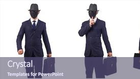  Presentation with frames isolated on white brown - Presentation featuring man with mask and briefcase background and a violet colored foreground