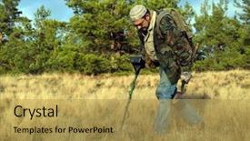  Presentation with metal detector - Audience pleasing PPT theme consisting of man with metal detector wears backdrop and a yellow colored foreground